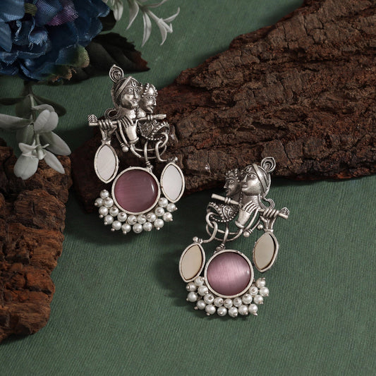Pink Color Lord Radha Krishna Design Oxidised Earrings For Festive Wear