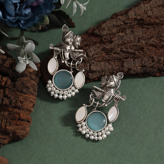 Sky Blue Color Radha Krishna Themed Ethnic Oxidised Earrings Design