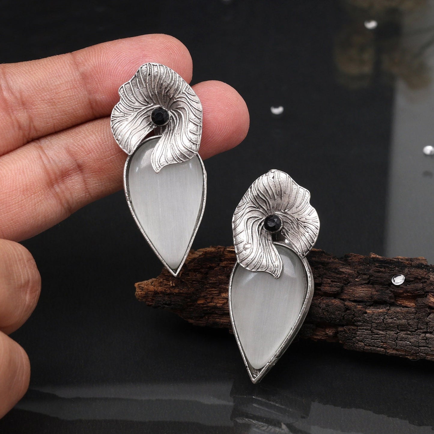 Grey Color Oxidised Earrings Designed In Traditional Rustic Indian Fashion