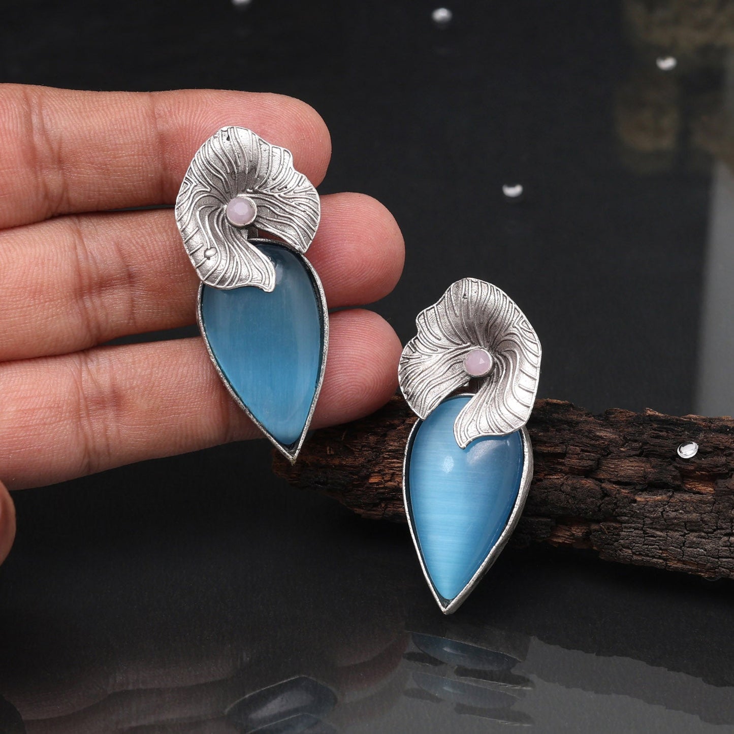 Sky Blue Color Oxidised Earrings With Floral Ethnic Statement Design