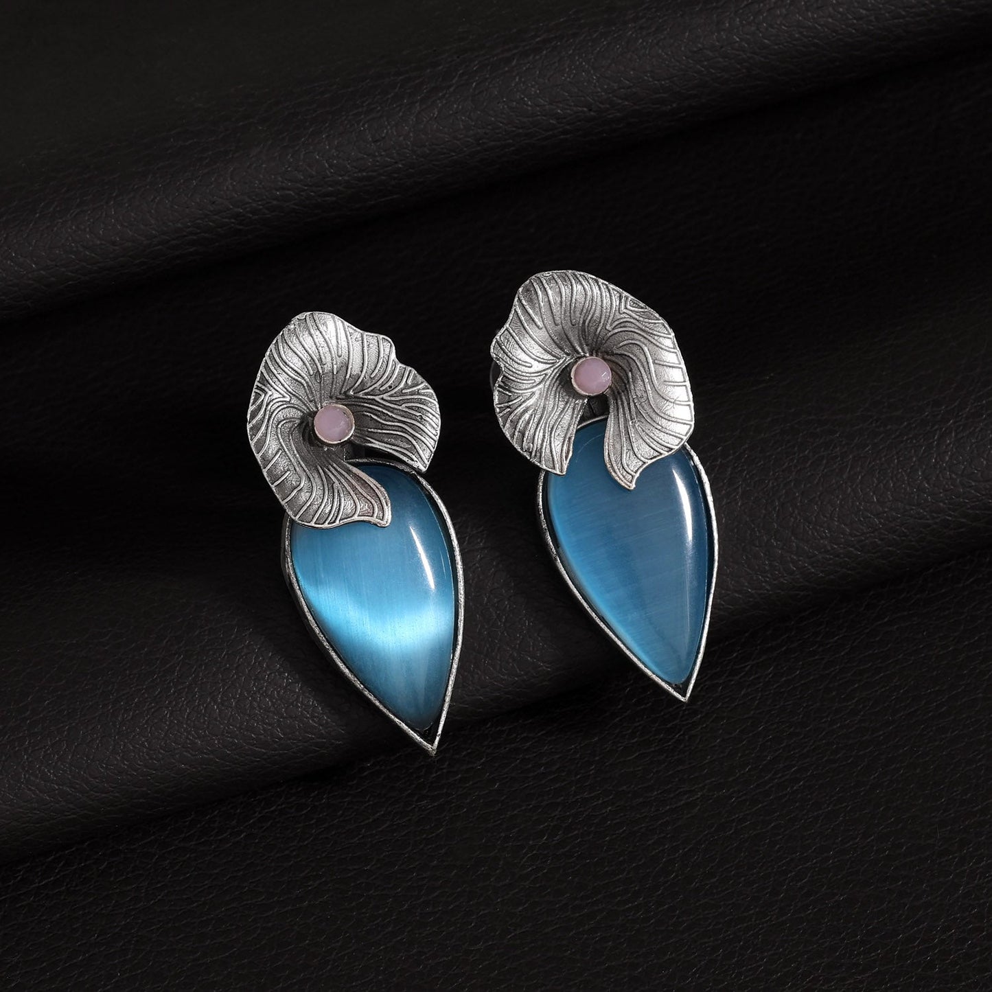 Sky Blue Color Oxidised Earrings With Floral Ethnic Statement Design