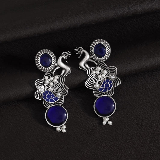 Blue Color Oxidised Earrings With Fine Carving For Traditional Outfits