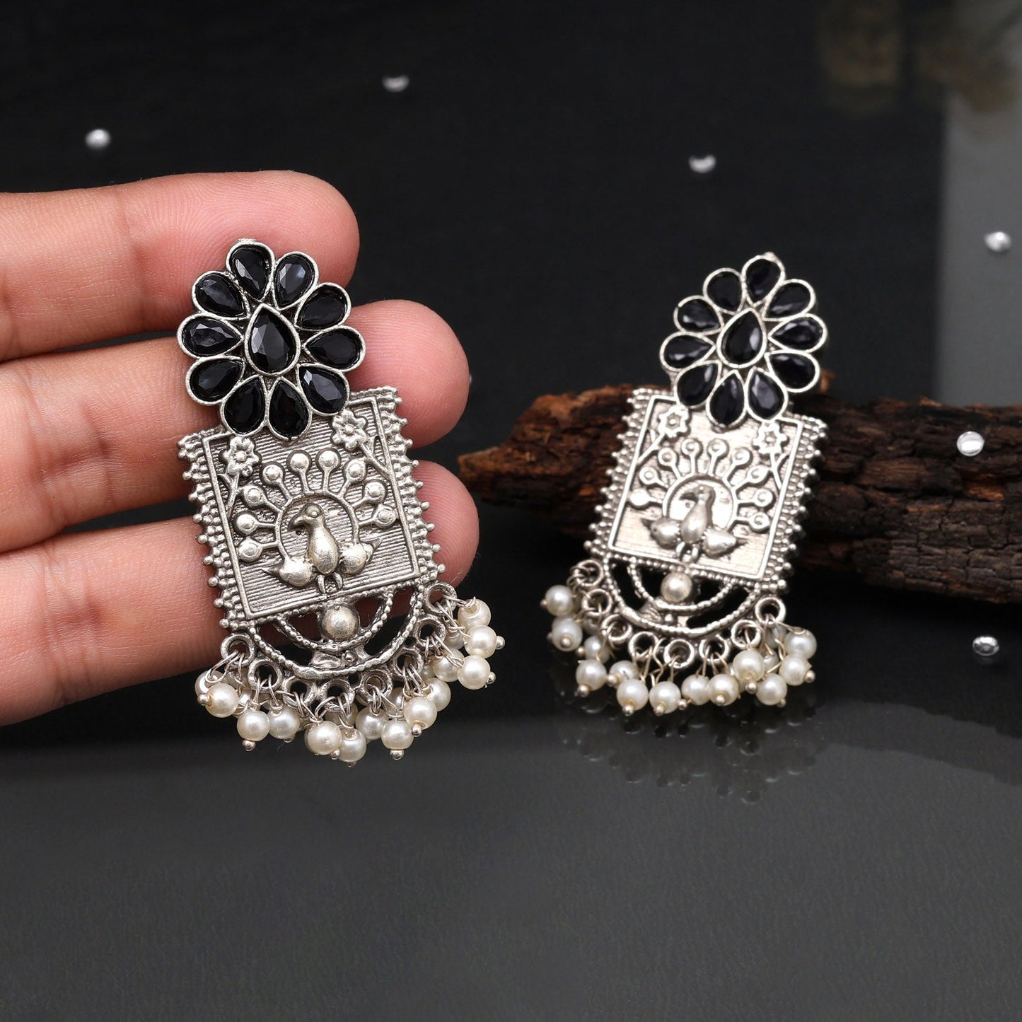 Black Color Oxidised Earrings For Elegant Party And Festival Wear
