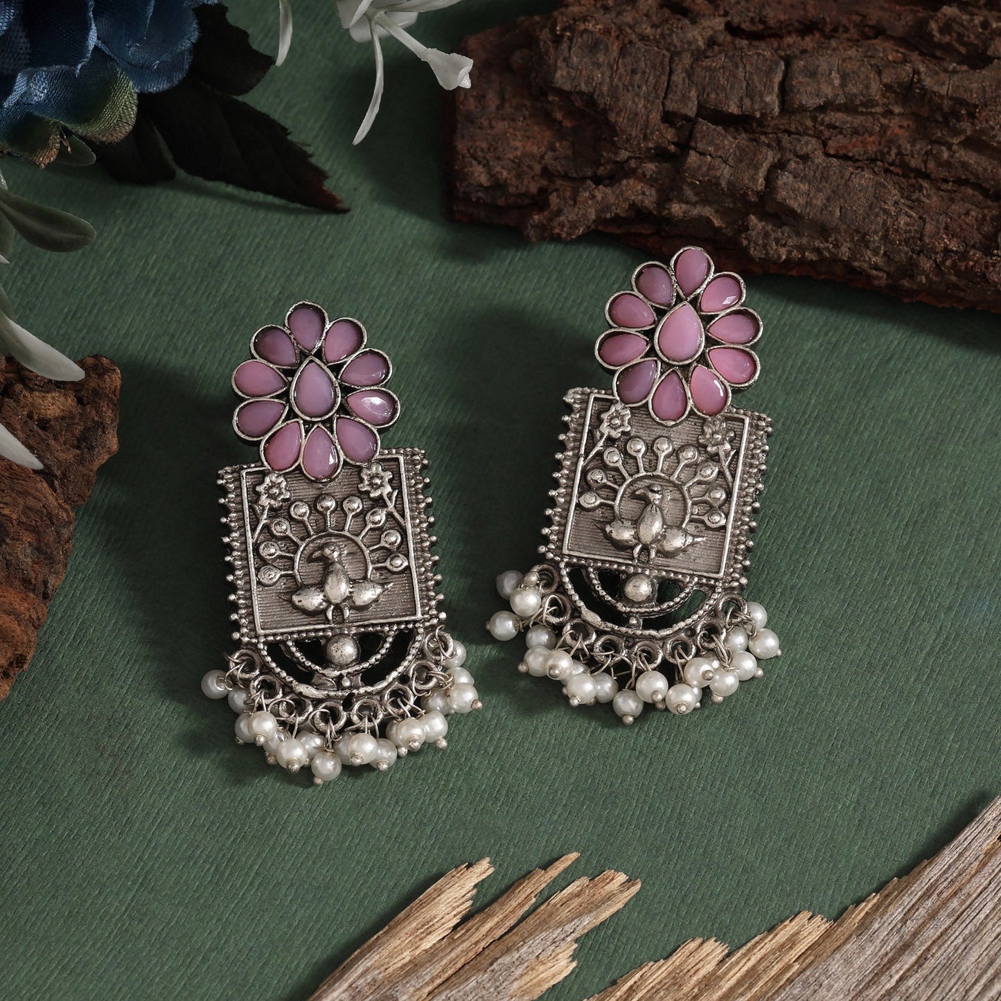 Pink Color Oxidised Earrings With Bohemian Charm And Tribal Details