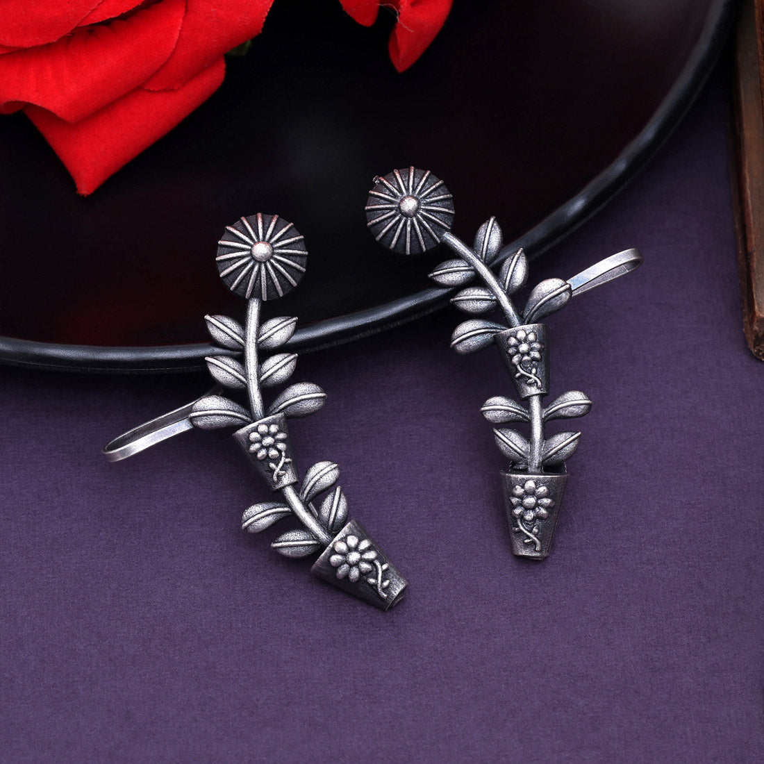Silver Color Oxidised Antique Inspired Daily Wear Indian Fashion Earrings