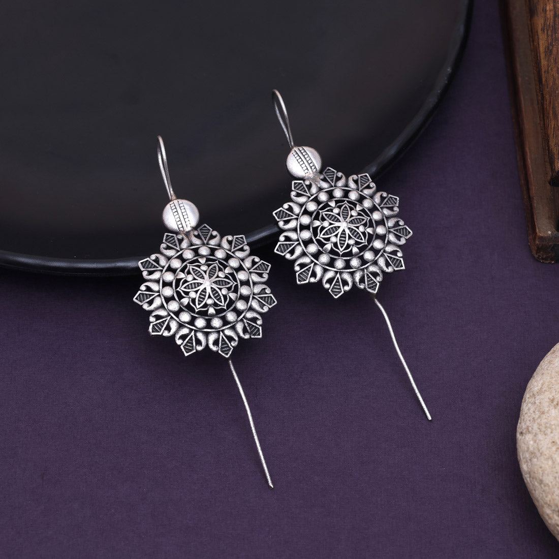 Silver Color Oxidised Floral Carved Elegant Traditional Look Fashion Earrings