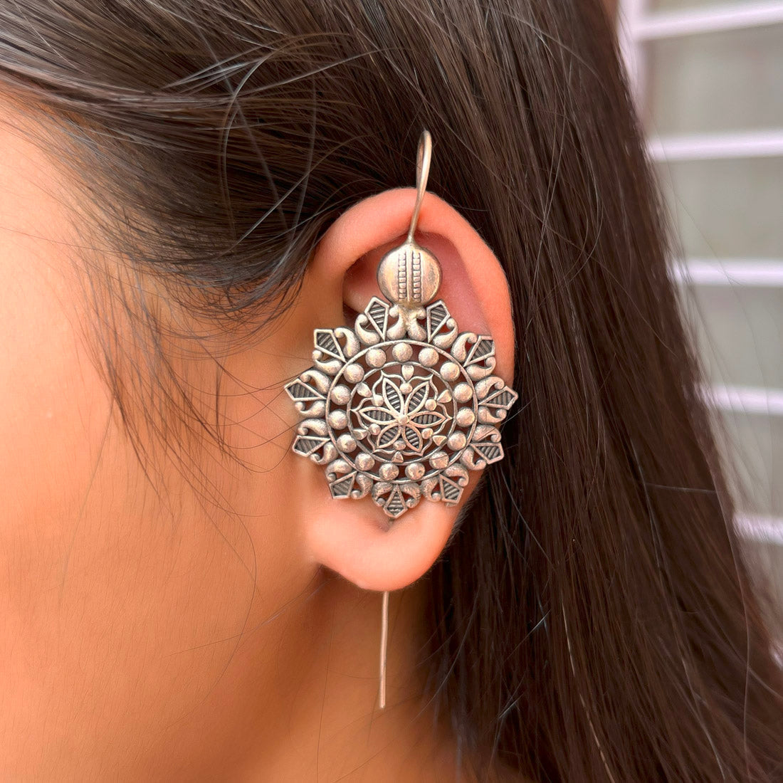 Silver Color Oxidised Floral Carved Elegant Traditional Look Fashion Earrings