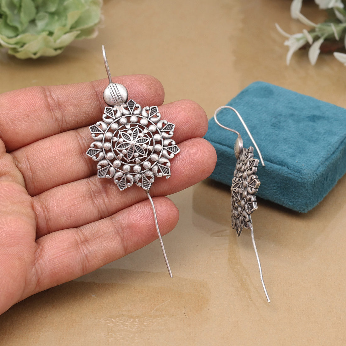 Silver Color Oxidised Floral Carved Elegant Traditional Look Fashion Earrings