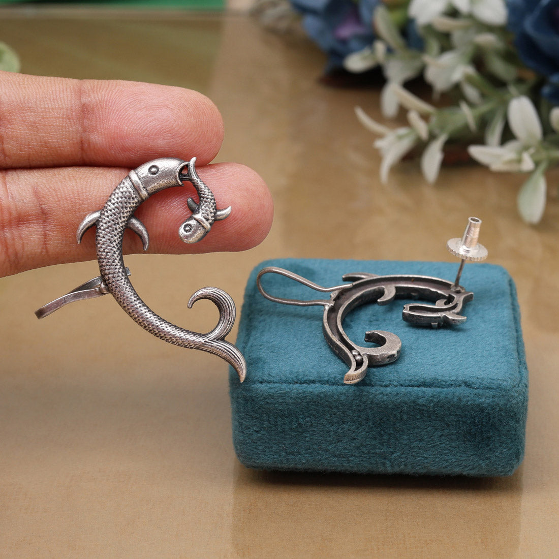 Unique Silver Color Oxidised Kaanphool Ear Cuff Wedding Fashion Earrings