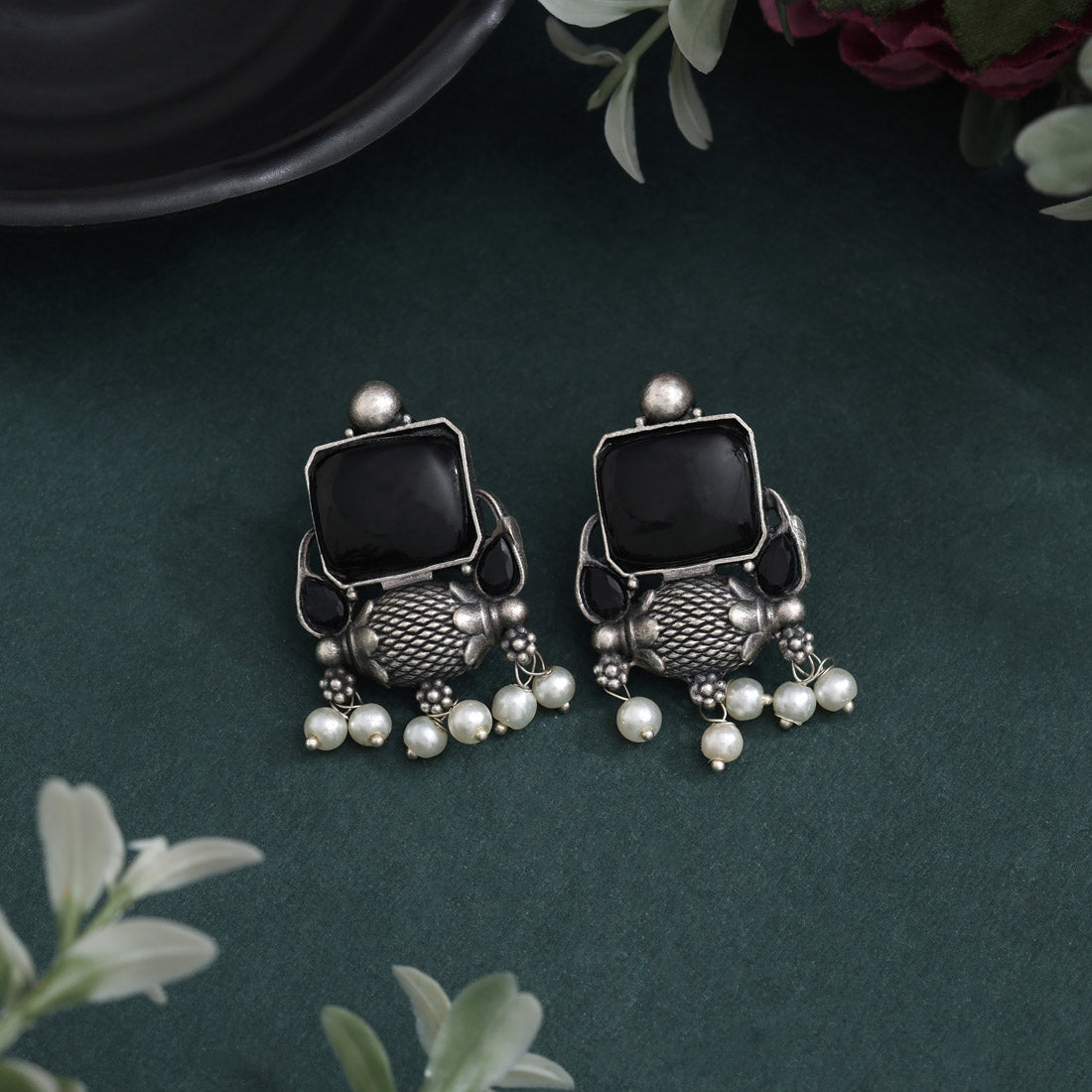 Stylish Black Color Oxidised Earrings With Antique Finish Detailing