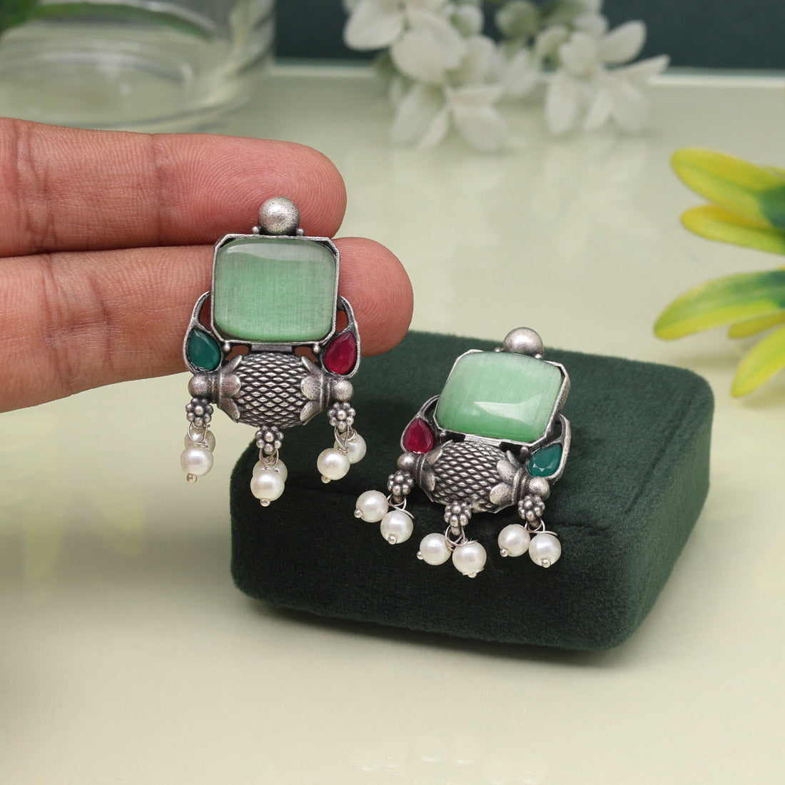 Trendy Pista Green Color Oxidised Earrings For Daily Ethnic Style