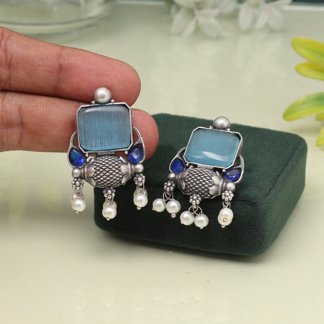 Sky Blue Color Oxidised Earrings For A Bright And Cheerful Look