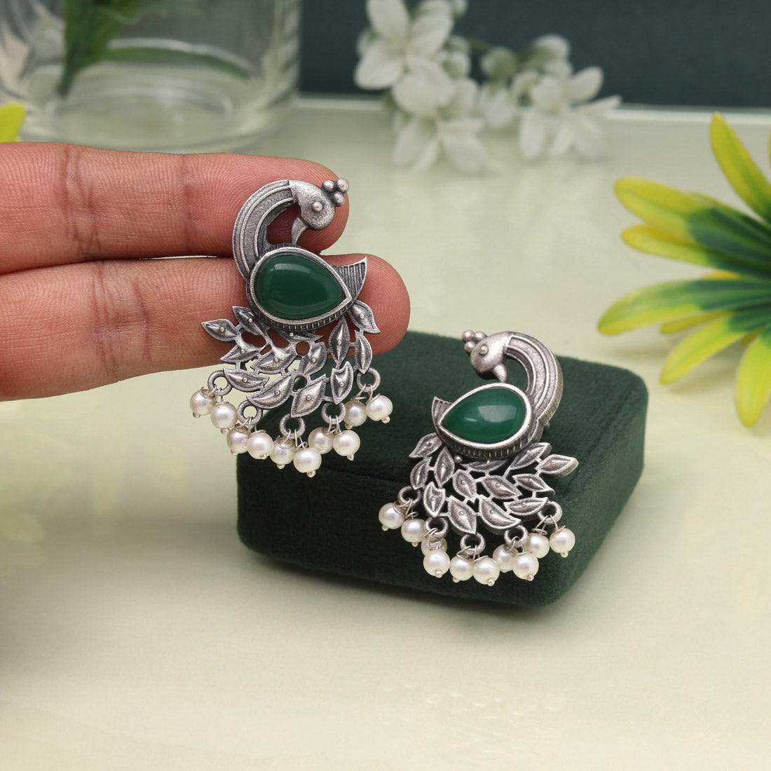 Unique Green Color Oxidised Earrings For Everyday Traditional Wear