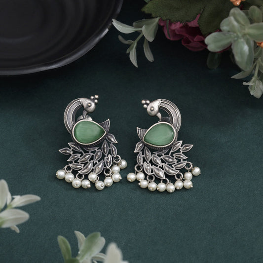Pista Green Color Oxidised Earrings In Bold And Artistic Finish