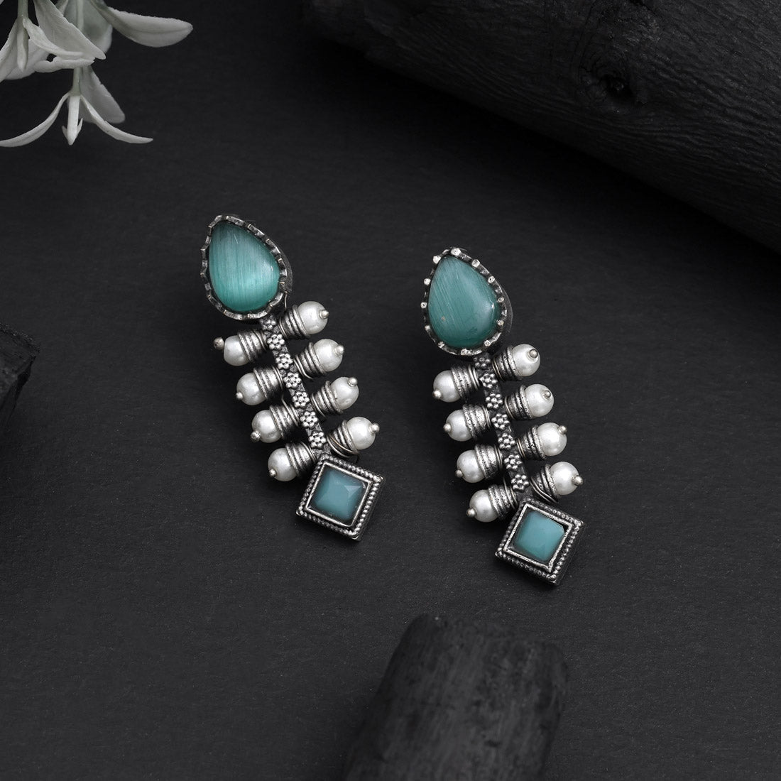 Light Green Color Oxidised Earrings With Antique Finish For Women