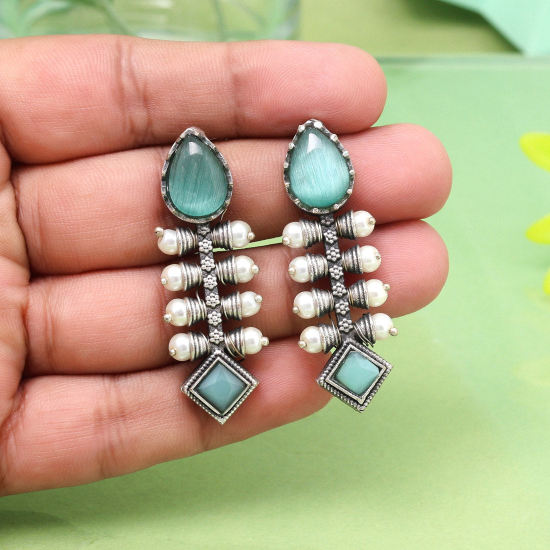 Light Green Color Oxidised Earrings With Antique Finish For Women