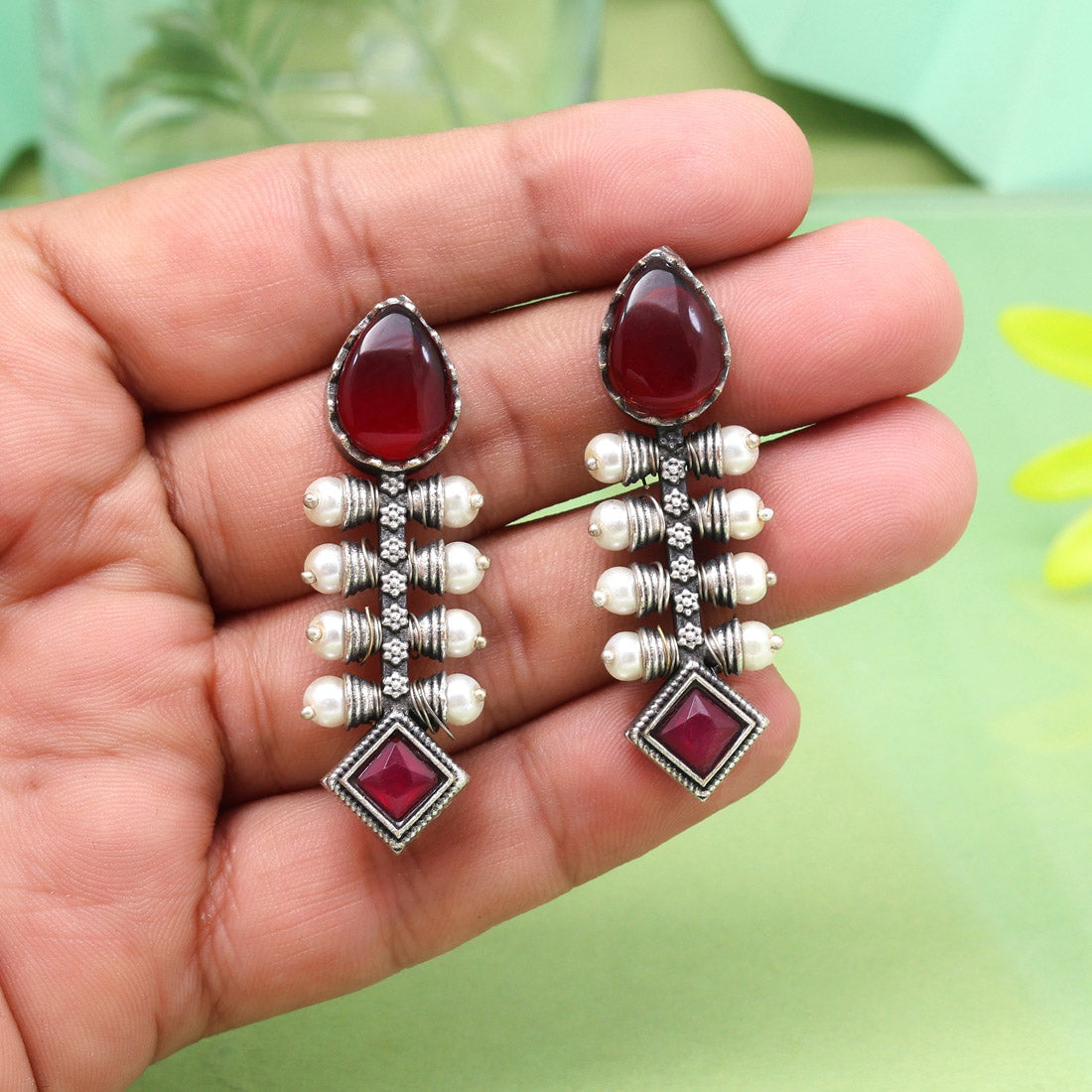 Beautiful Maroon Color Oxidised Earrings Crafted For Ethnic Elegance