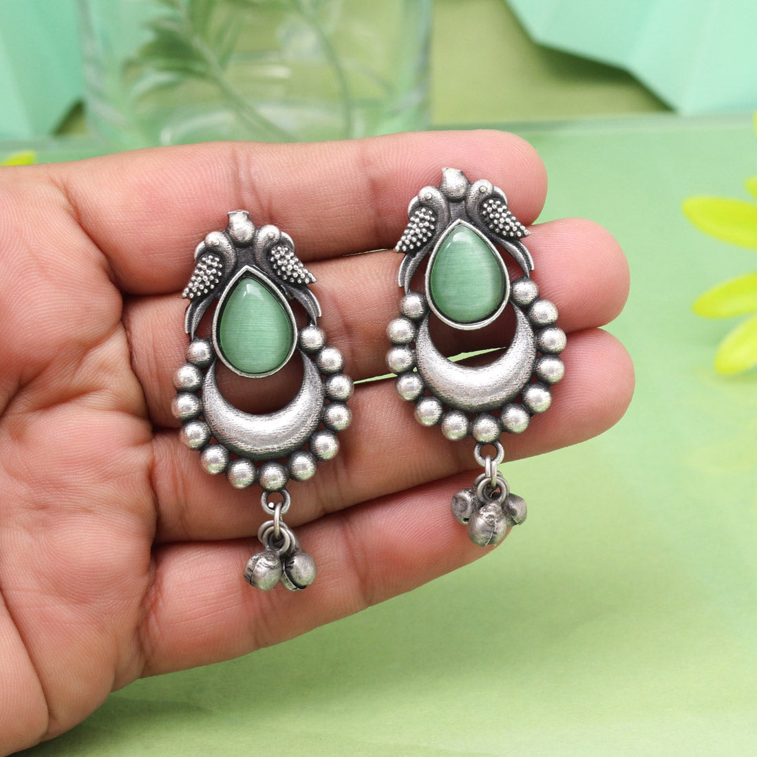 Elegant Pista Green Color Oxidised Earrings For Sarees And Suits