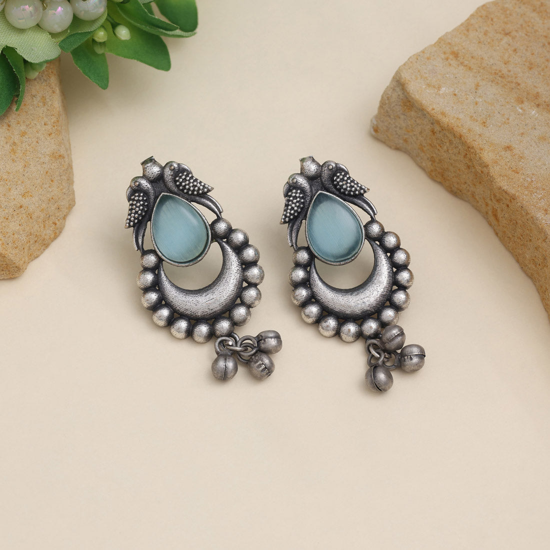 Classic Sky Blue Color Oxidised Earrings For Festive Function Wear