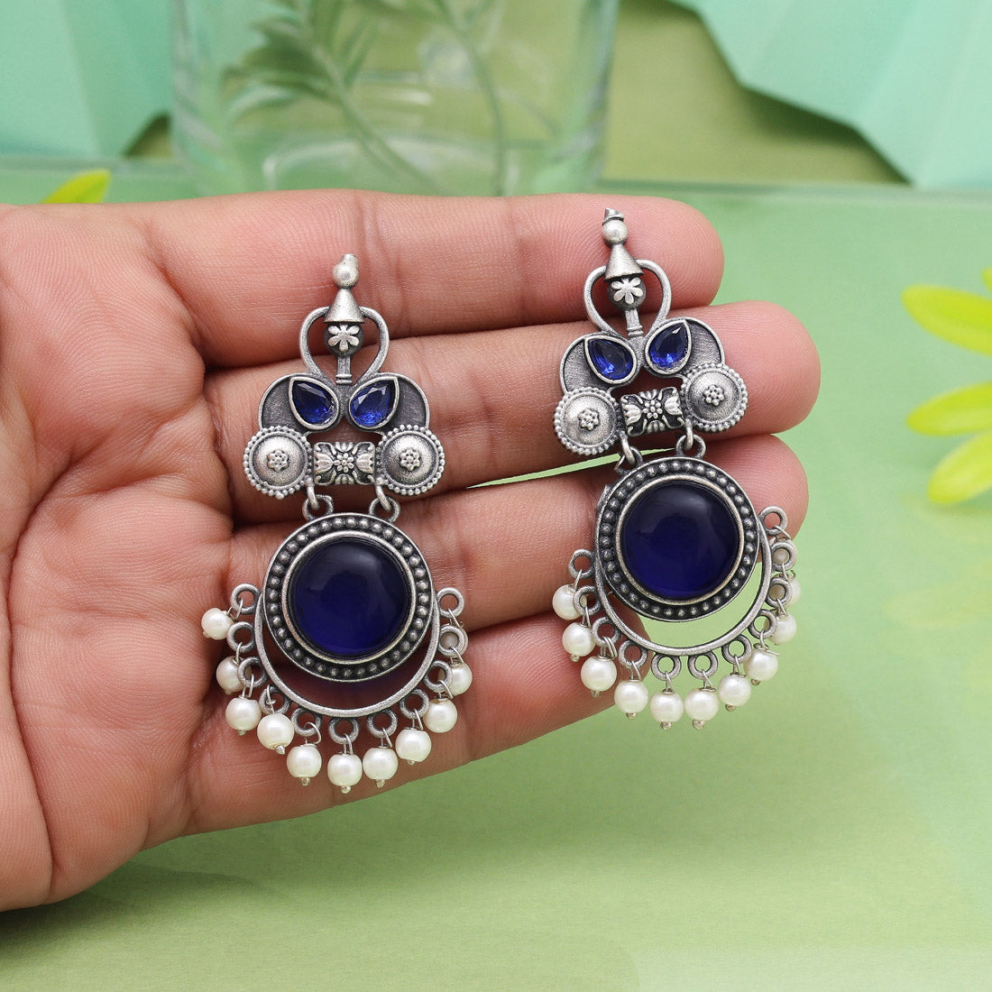Royal Blue Color Oxidised Earrings For Ethnic Statement Appearance