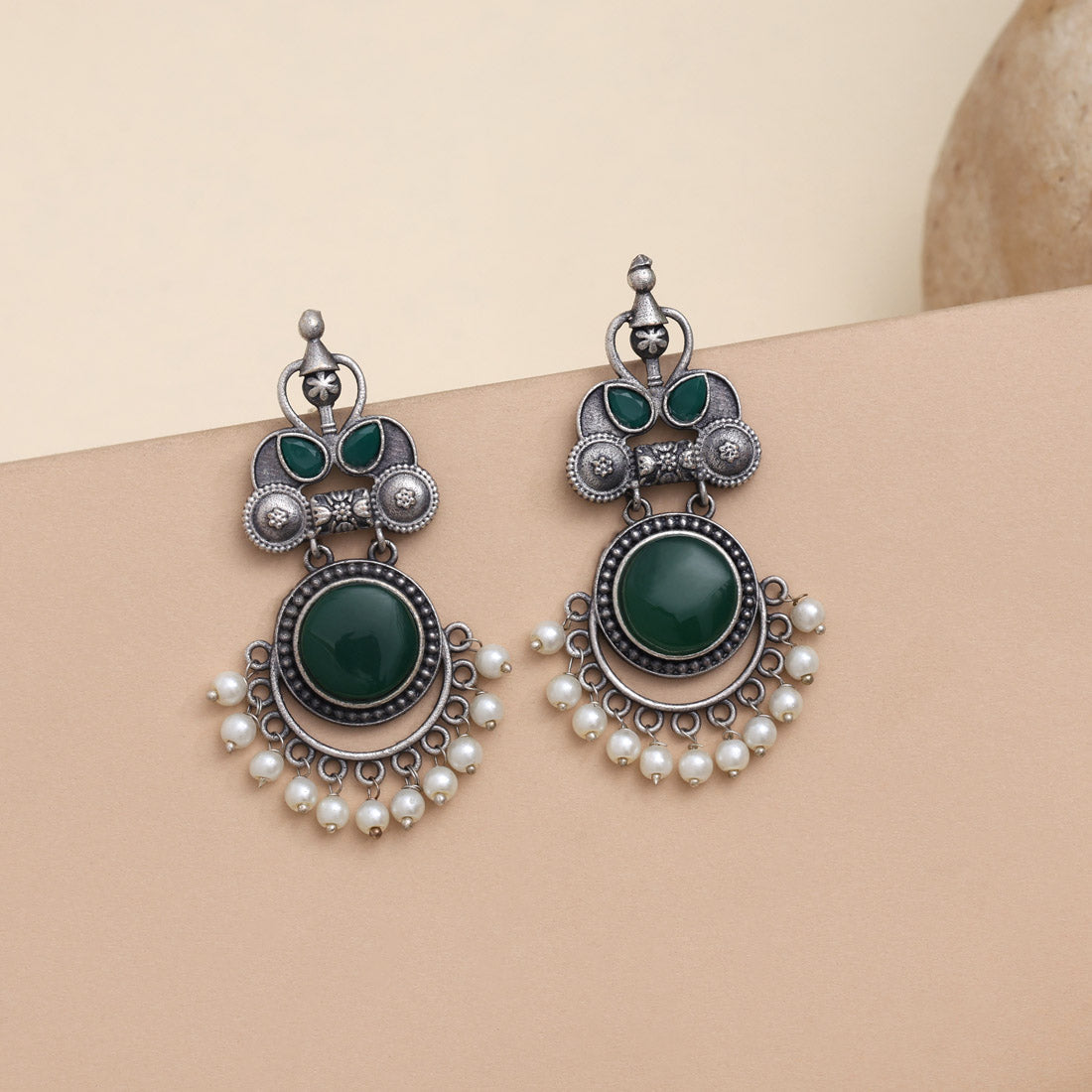 Bright Green Color Oxidised Earrings For Traditional Look Lovers