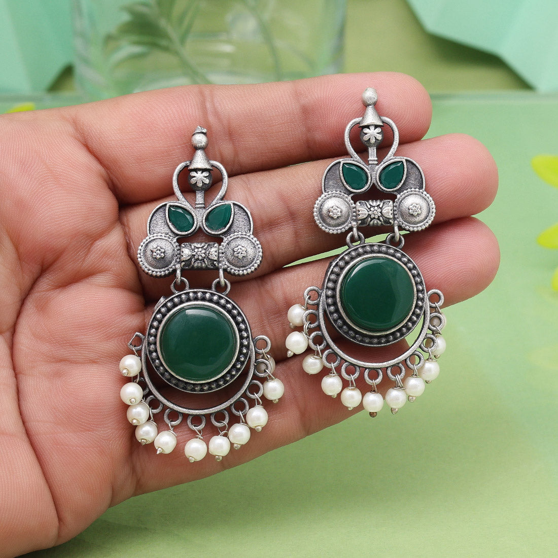 Bright Green Color Oxidised Earrings For Traditional Look Lovers