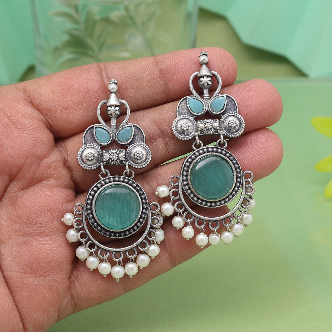 Rama Green Color Oxidised Earrings For Ethnic And Indo-Western Wear