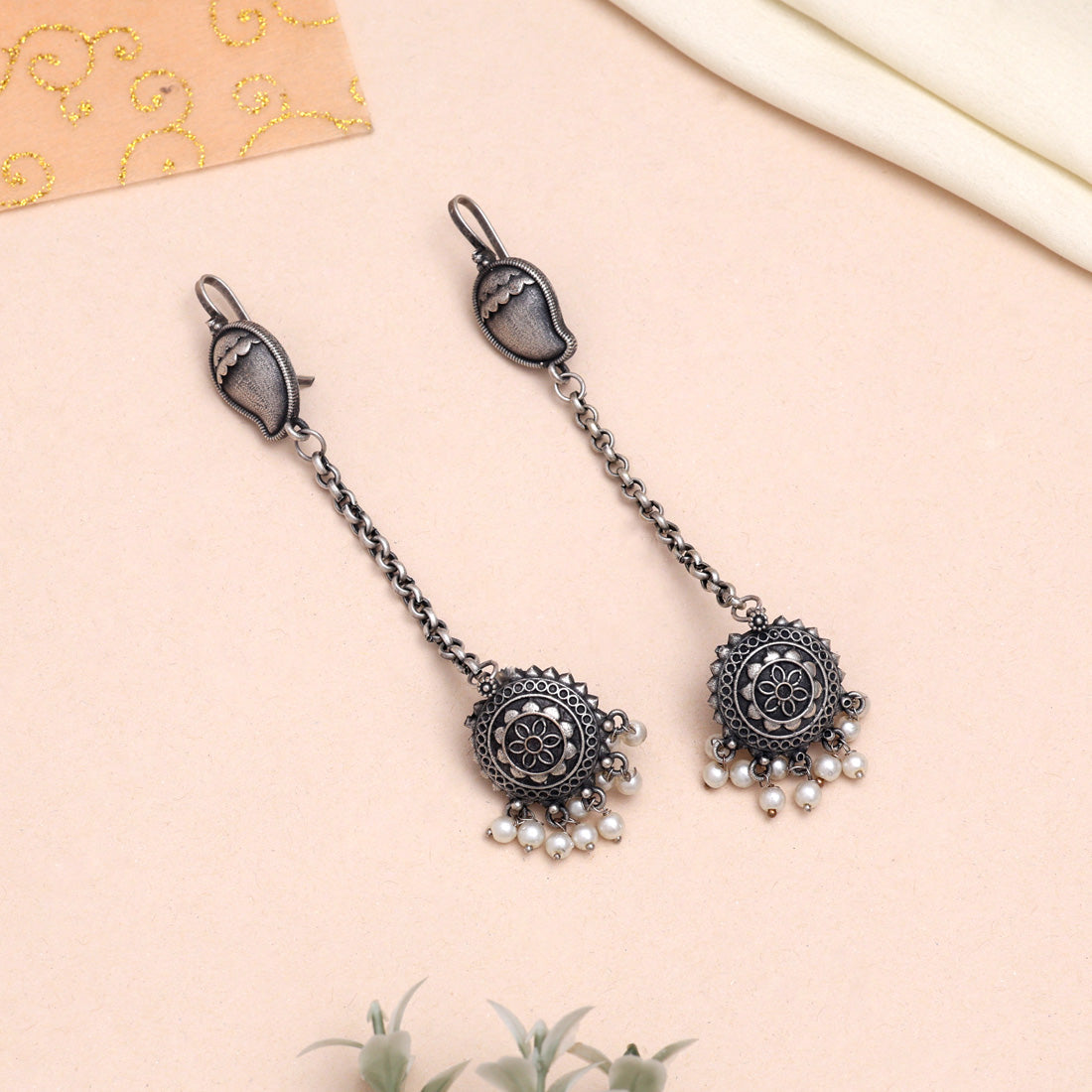 Stylish Silver Color Oxidised Earrings With Antique Detailed Finish