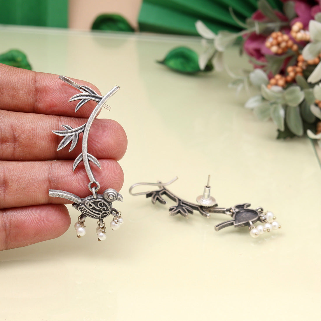 Designer Silver Color Oxidised Ear Cuff Earrings For Women & Girls