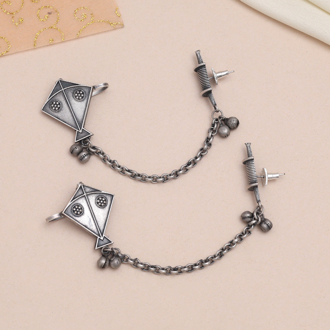 Traditional Silver Color Oxidised Ear Cuff Earrings With Bold Look