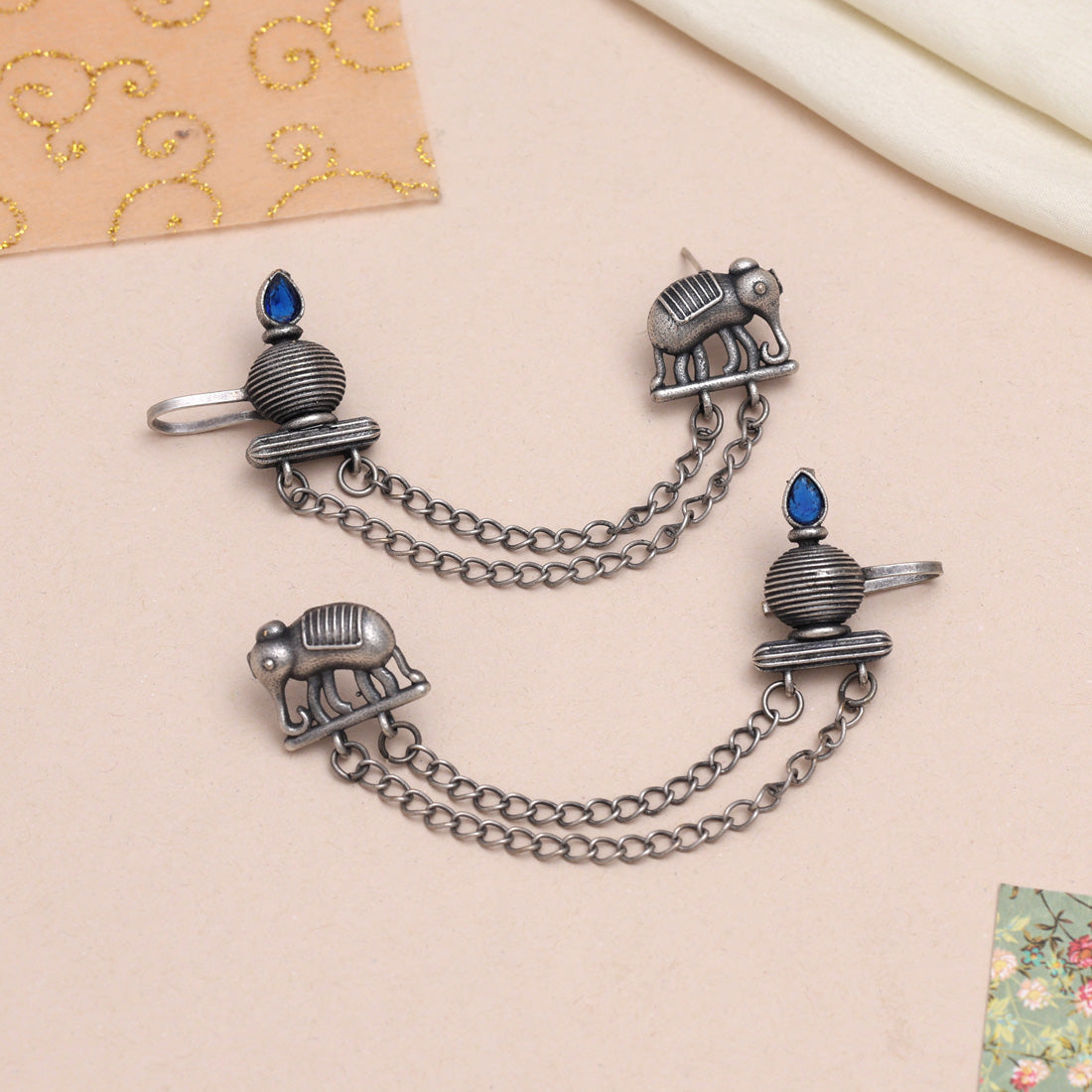 Trendy Blue Color Oxidised Ear Cuff Earrings With Traditional Charm