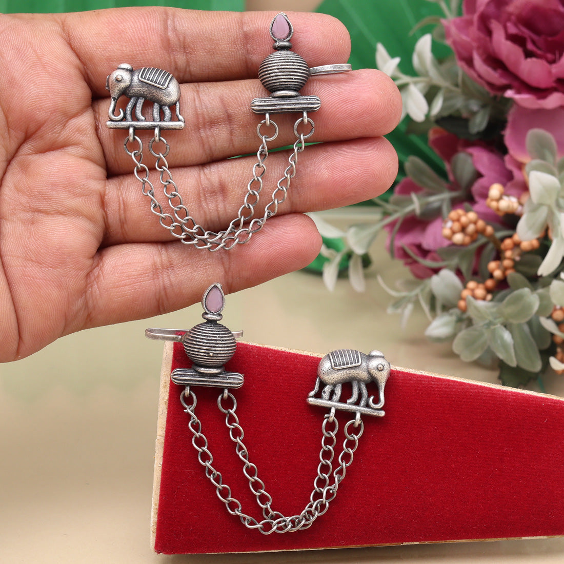 Beautiful Pink Color Oxidised Ear Cuff Earrings For Wedding Looks