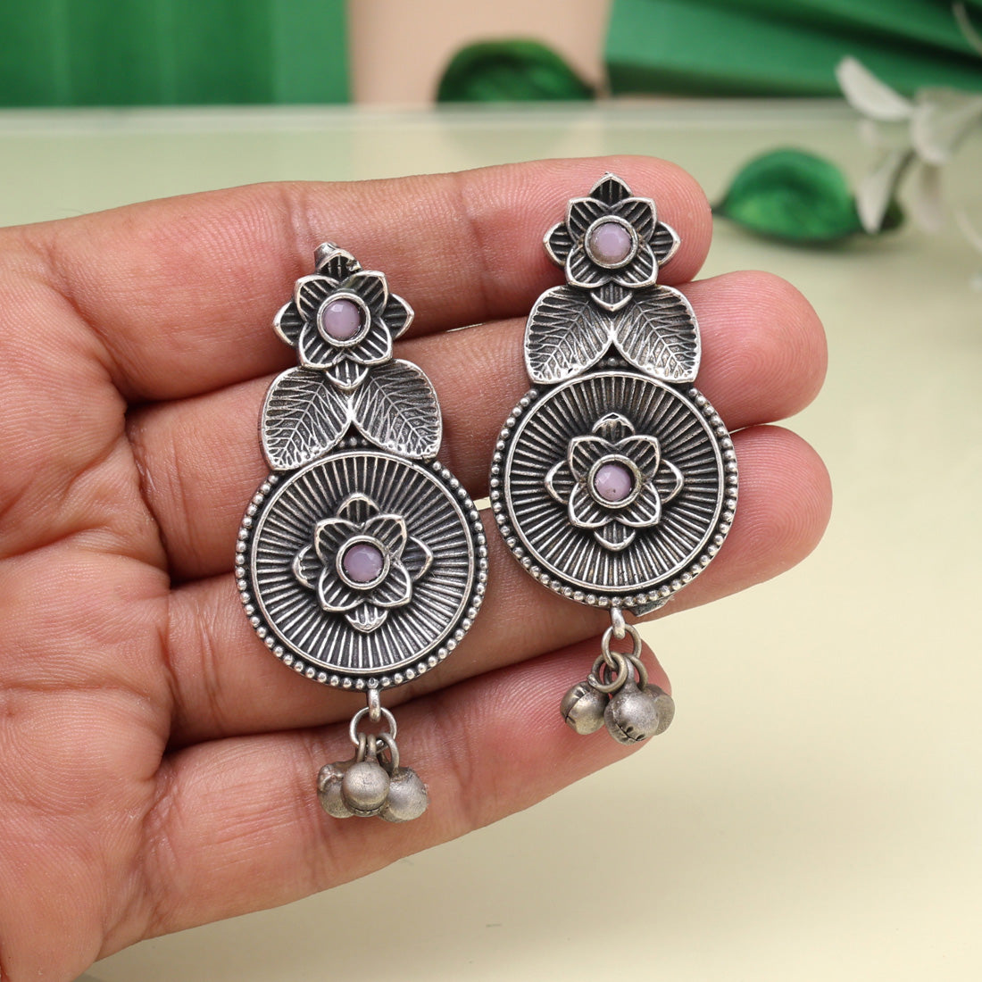 Designer Pink Color Oxidised Earrings For Traditional Outfit Match