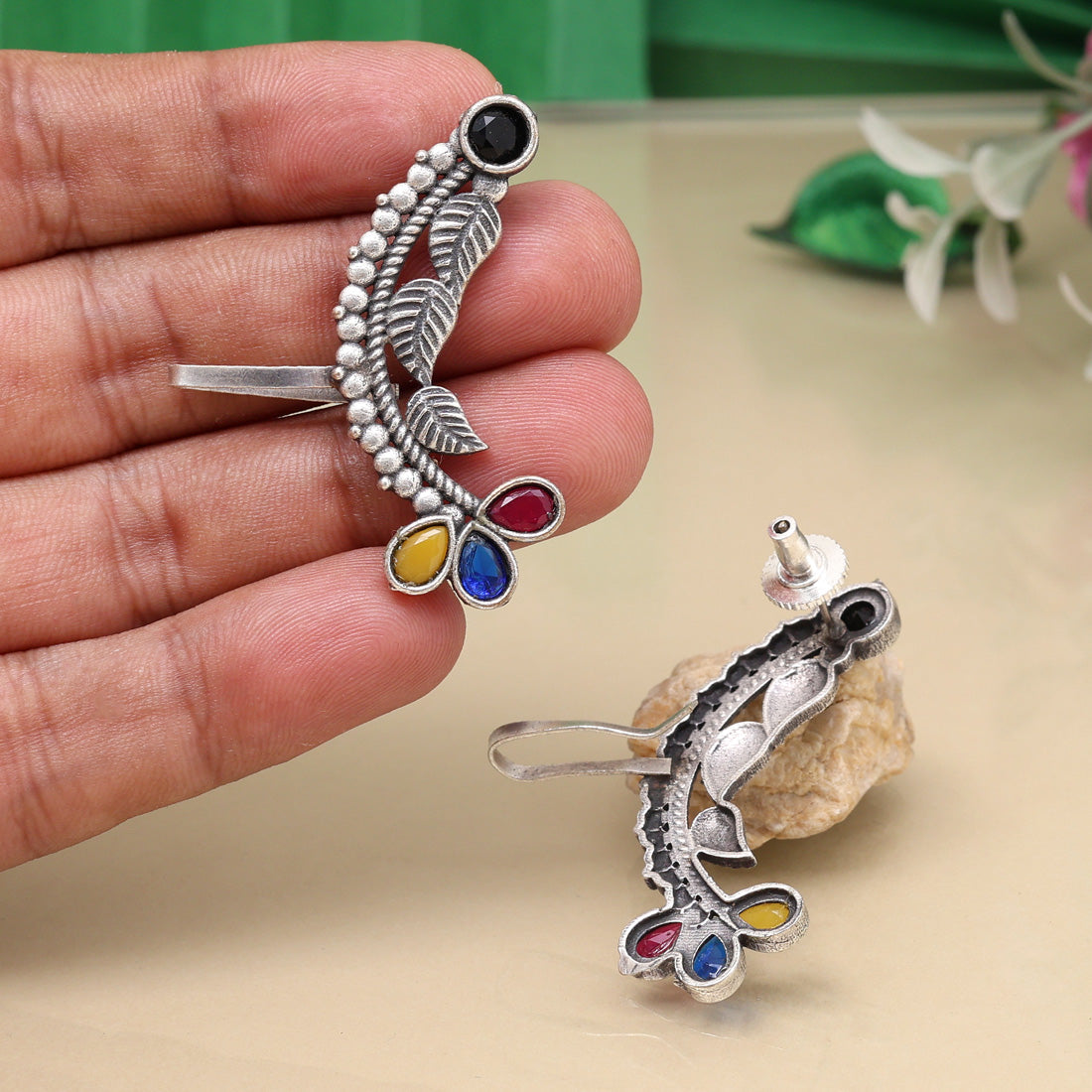 Multi Color Oxidised Ear Cuff Earrings With Vibrant Modern Look