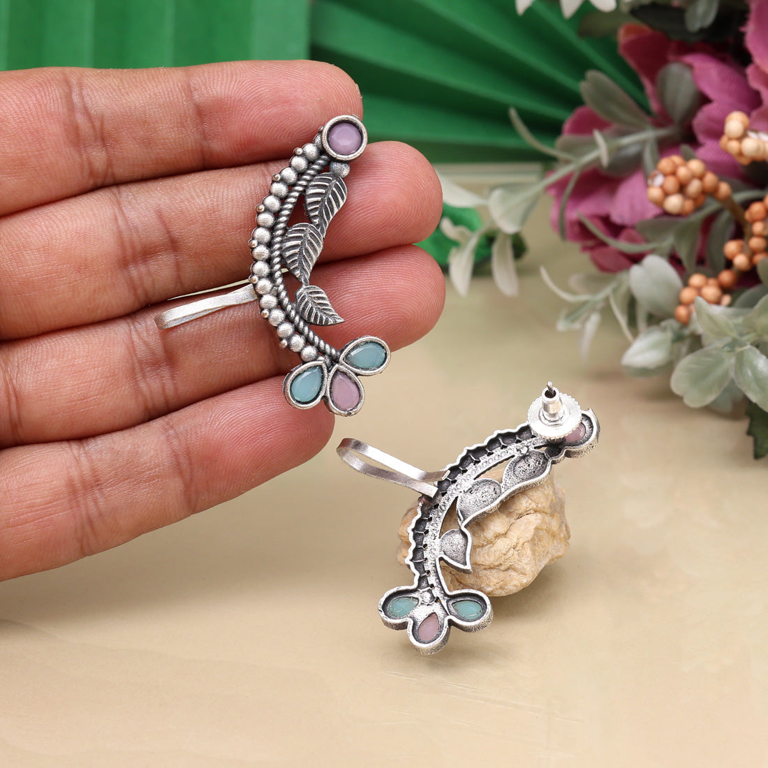 Pink & Pista Green Color Oxidised Ear Cuff Earrings For Occasions