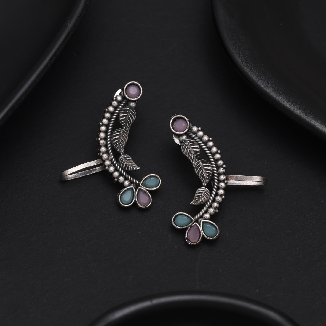 Pink & Pista Green Color Oxidised Ear Cuff Earrings For Occasions