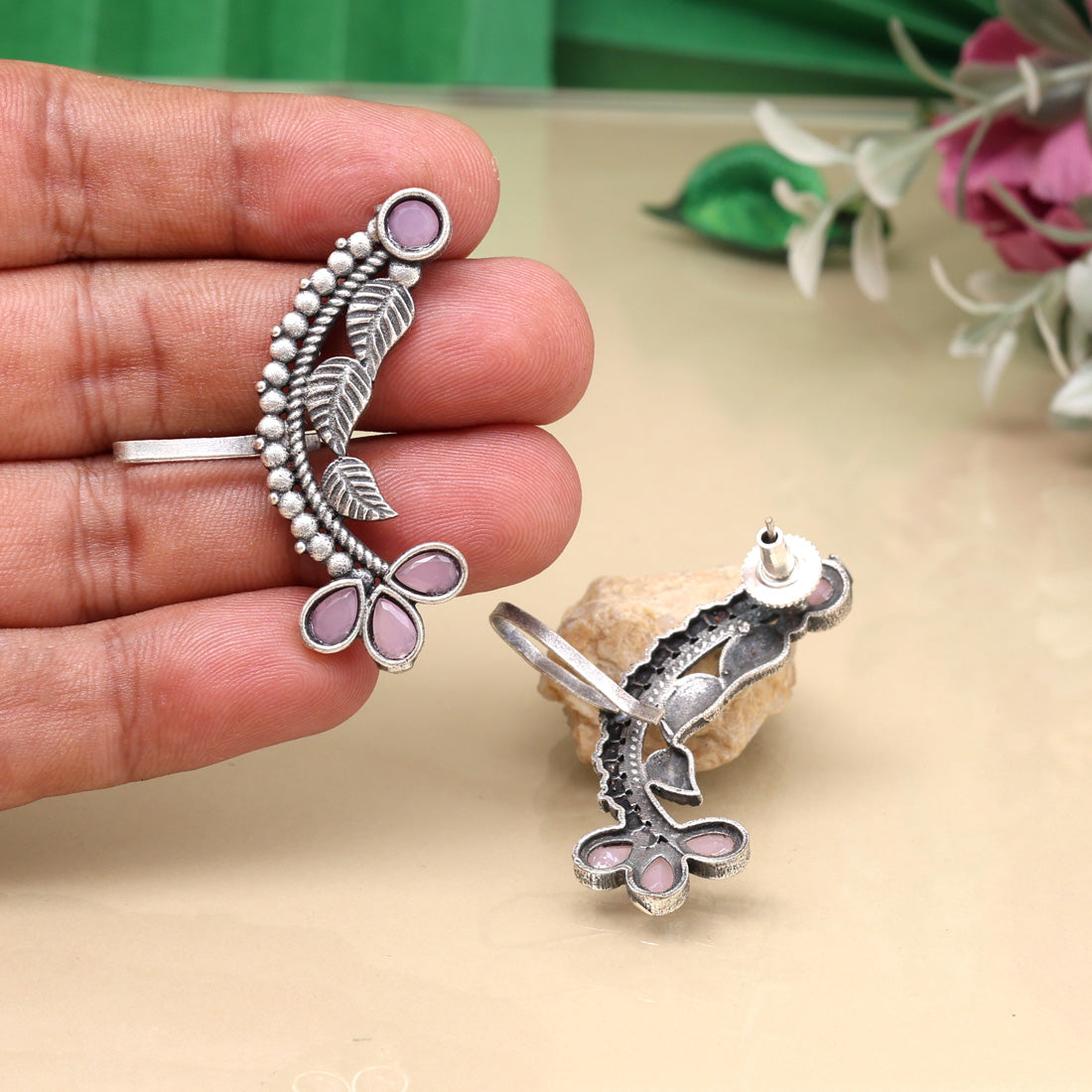 Floral Pink Color Oxidised Ear Cuff Earrings For Party Wear Looks