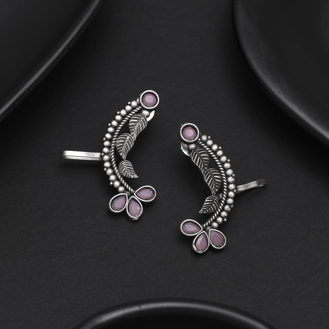 Floral Pink Color Oxidised Ear Cuff Earrings For Party Wear Looks