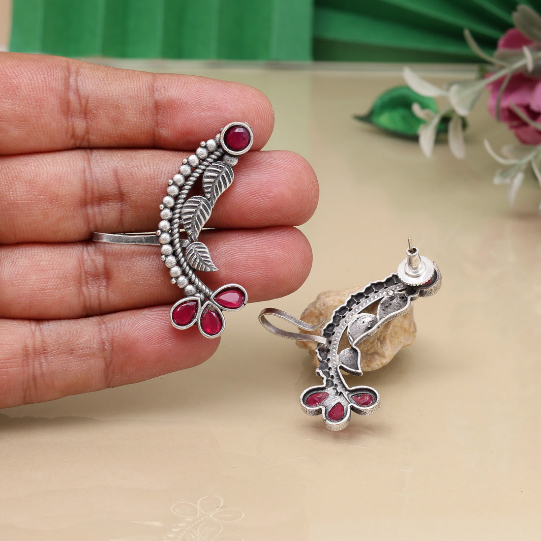 Rani Color Oxidised Ear Cuff Earrings For Festive And Cultural Wear