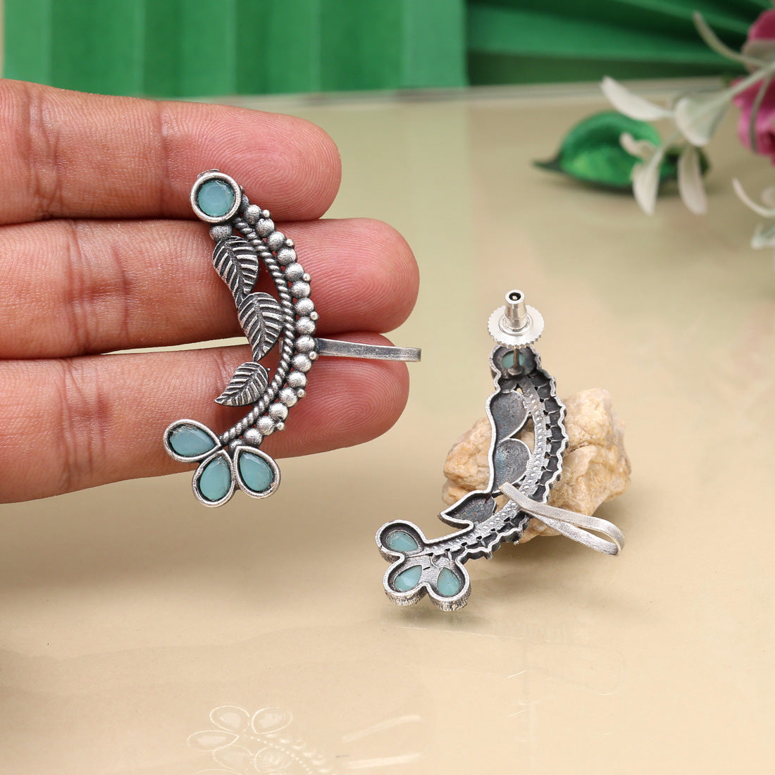 Sky Blue Color Oxidised Ear Cuff Earrings With Embossed Artwork