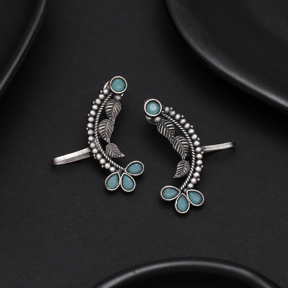 Sky Blue Color Oxidised Ear Cuff Earrings With Embossed Artwork