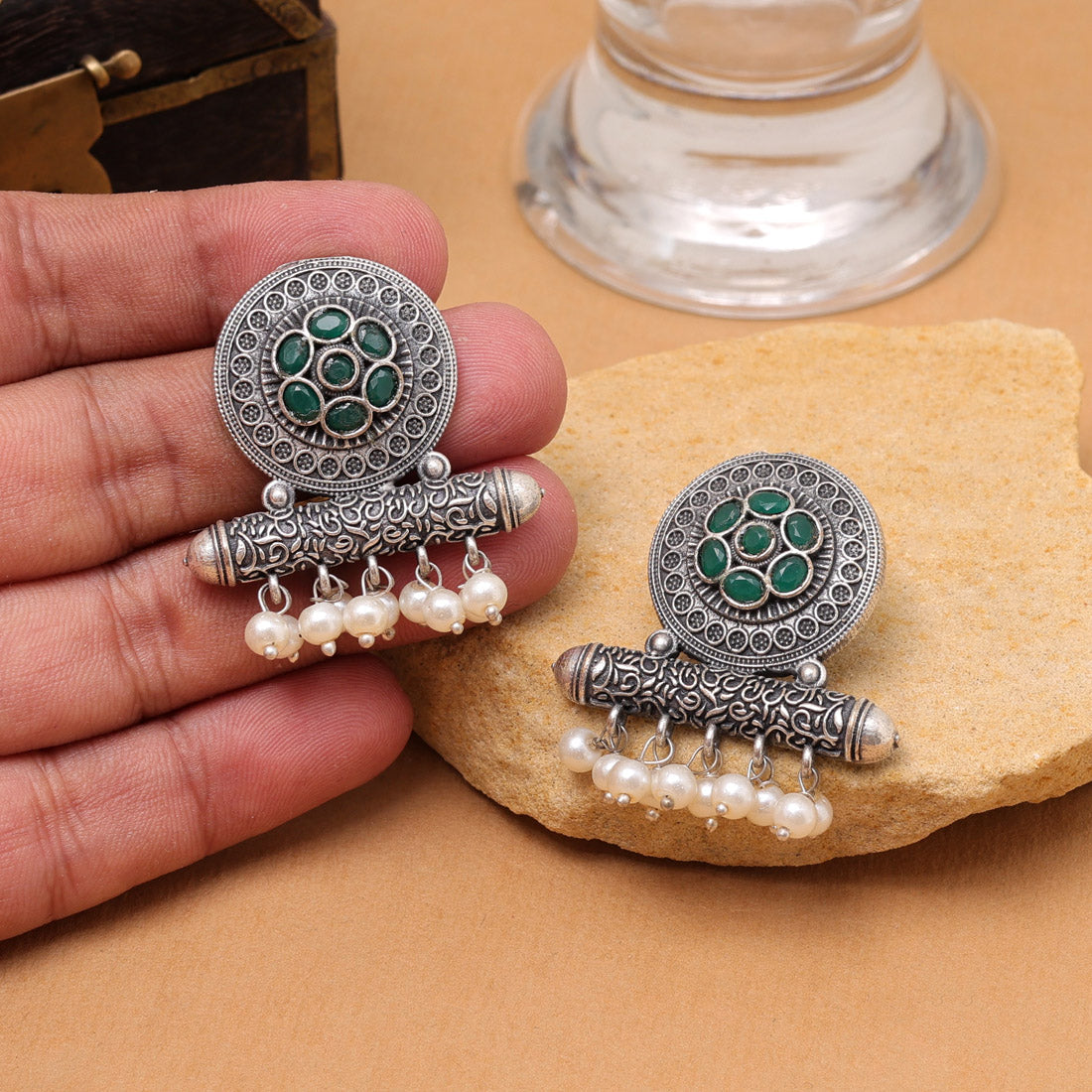 Green Color Oxidised Fashion Earrings With Royal Ethnic Statement Finish