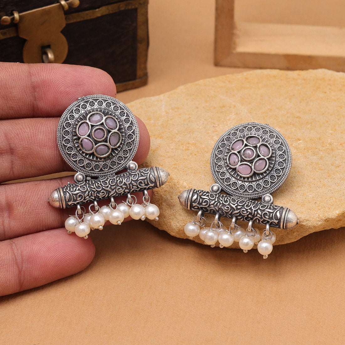 Pink Color Oxidised Fashion Earrings With Delicate Floral Vintage Detailing