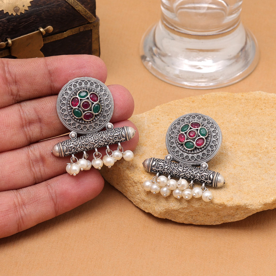 Rani & Green Color Oxidised Fashion Earrings For Dual-Tone Ethnic Looks