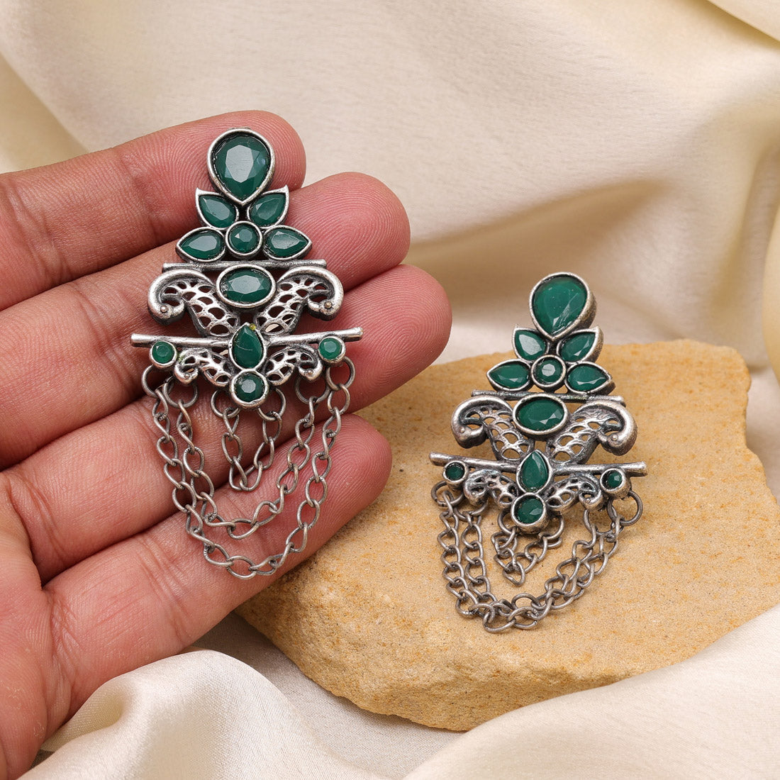 Green Color Oxidised Fashion Earrings Featuring Floral Embossed Carving