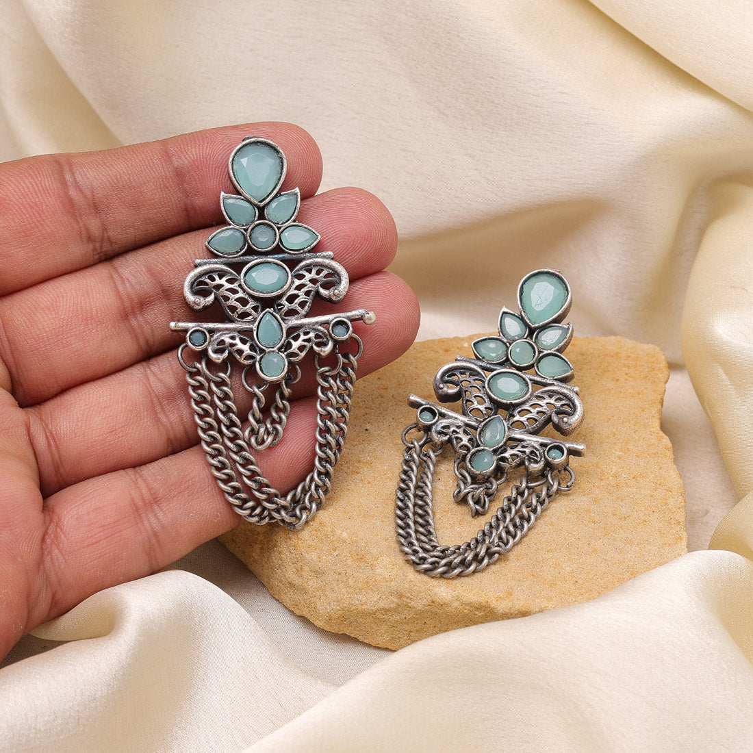 Sky Blue Color Oxidised Fashion Earrings For Summer-Ready Ethnic Fashion