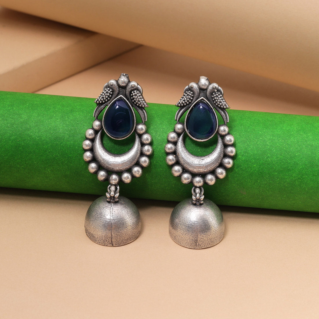 Teal Blue Color Oxidised Fashion Earrings With Bold Antique Patterned Design