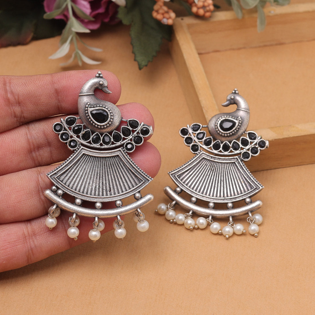Black Color Oxidised Fashion Earrings For Graceful Monochrome Ethnic Looks