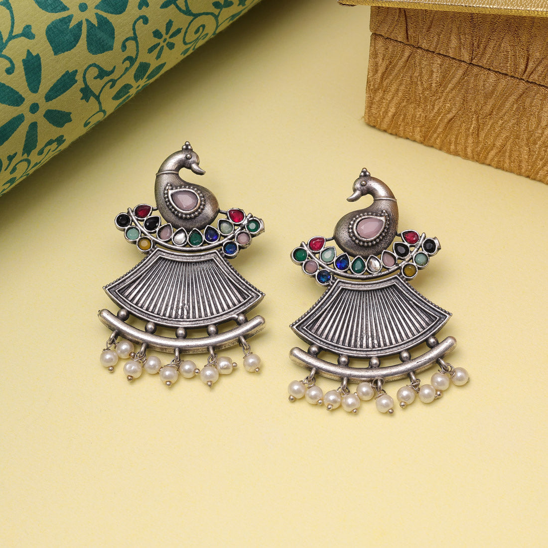 Multi Color Oxidised Fashion Earrings With Mirror Work And Tribal Vibe