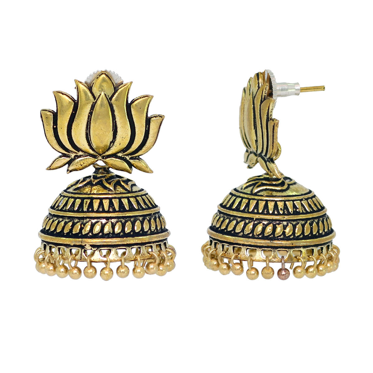 Handmade Gold Plated Lotus Shape Oxidised Jhumki (GSE461GLD)